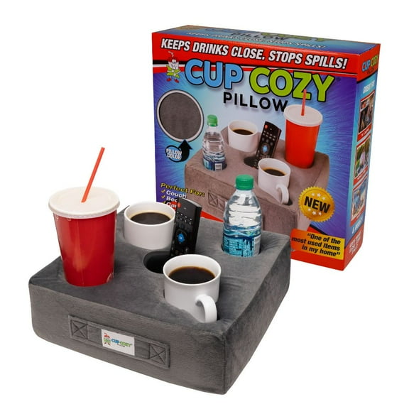 The Original Cup Cozy Pillow 5 Hole Gray- As Seen on TV-Cup Holder Caddy for Couch, Sofa, Bed, Car, RV, Park, Beach, & More!