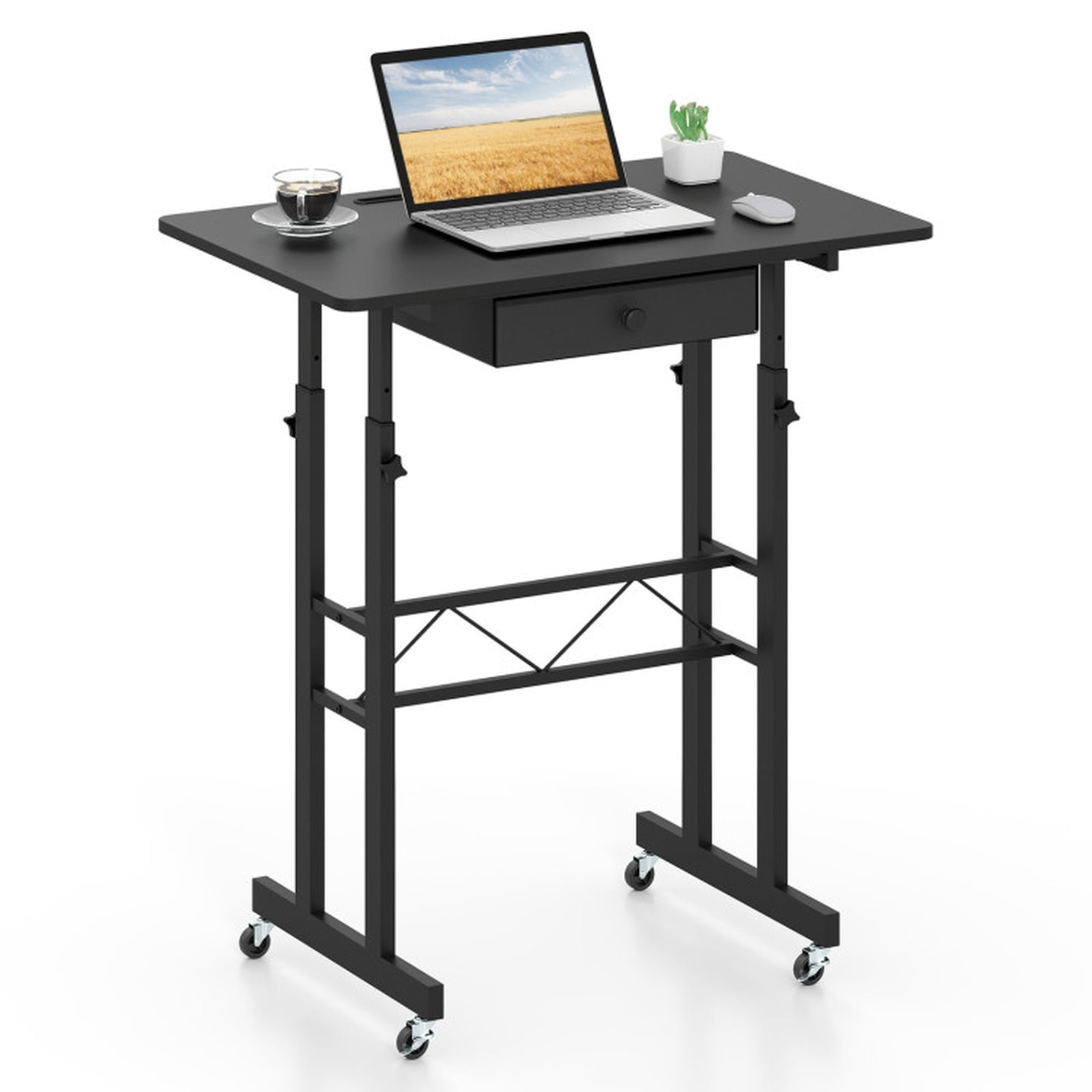 Furnibear Height Adjustable Standing Laptop Desk with Fabric Drawer Tablet Holder Lockable Wheels and Sit Stand Design for Home Office, Black