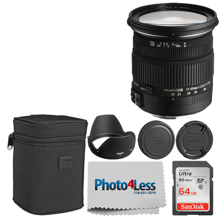 Sigma 17-50mm f/2.8 EX DC OS HSM Zoom Lens for Nikon DSLRs with APS-C Sensors + 64GB Memory Card + Photo4Less Camera and Lens Cleaning Cloth - Top Value DSLR Basic Lens Accessory