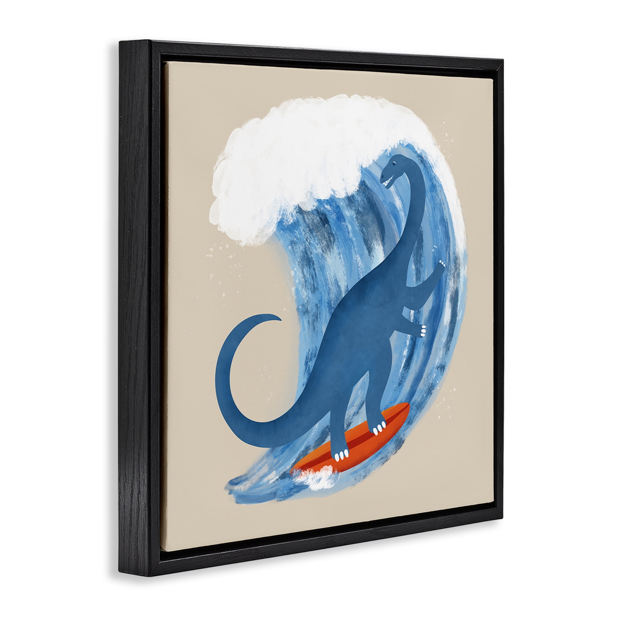 Stupell Industries Surfing Dino Brontosaurus Novelty & Humor Painting Black Floater Framed Canvas Art Print Wall Art, 25 x 25