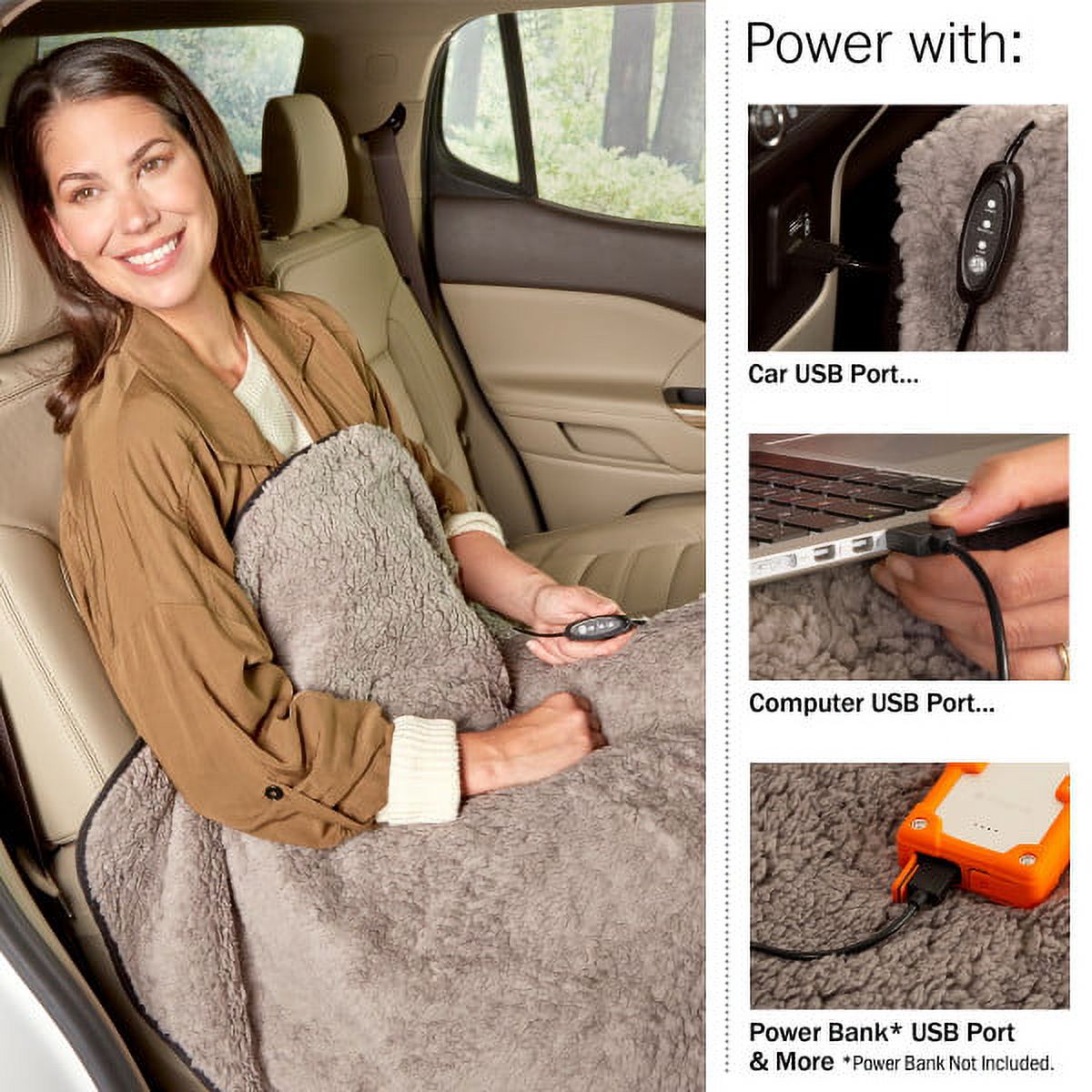 Heated Blanket 2-Pack - USB-Powered Sherpa Throw Blankets for Travel, Home, Office, or Camping - Winter Car Accessories by Stalwart (Gray)