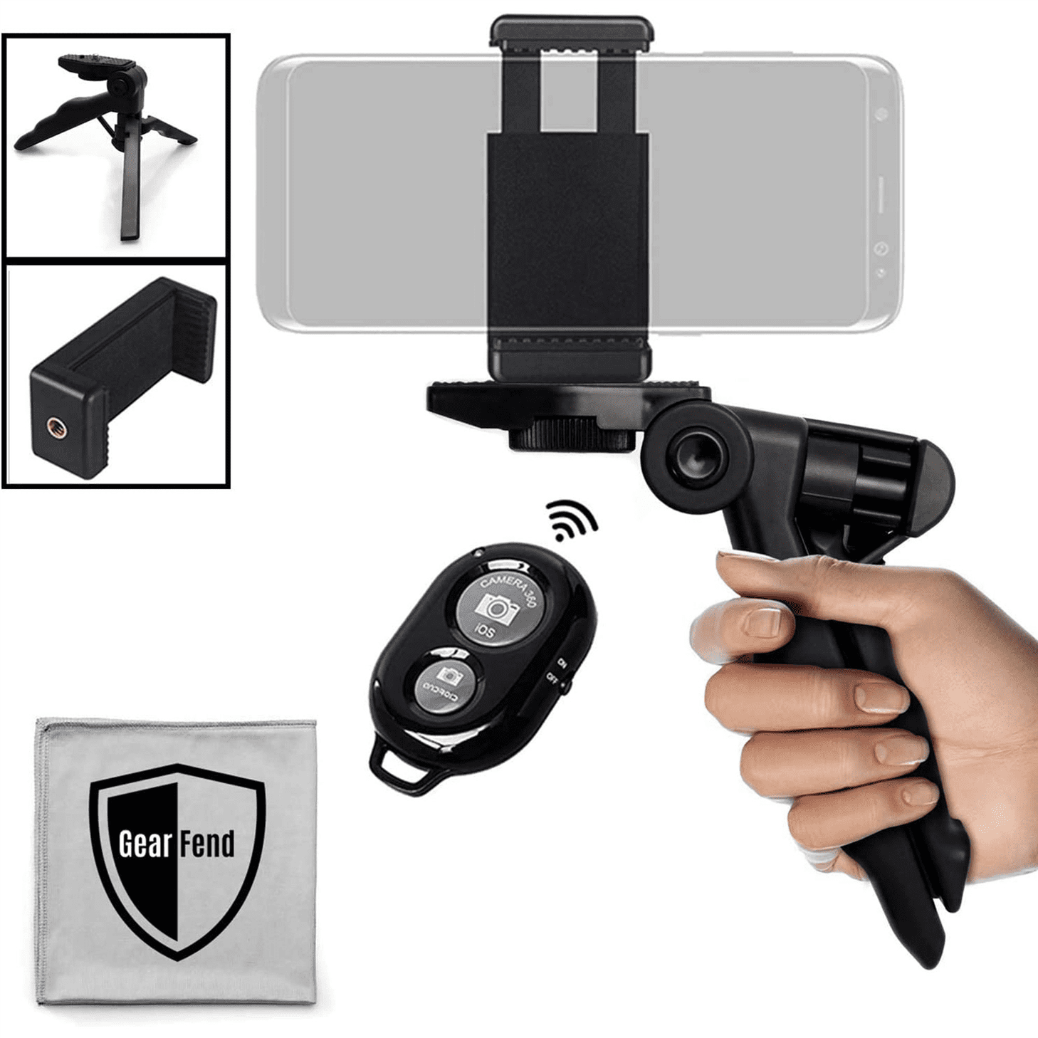GearFend Heavy Duty Pistol Grip Stabilizer, Tripod Table Stand with Universal Smartphone Tripod Mount and Wireless Remote for All iPhones, Samsung Phones, Most Mobile Phones Plus Microfiber Cloth