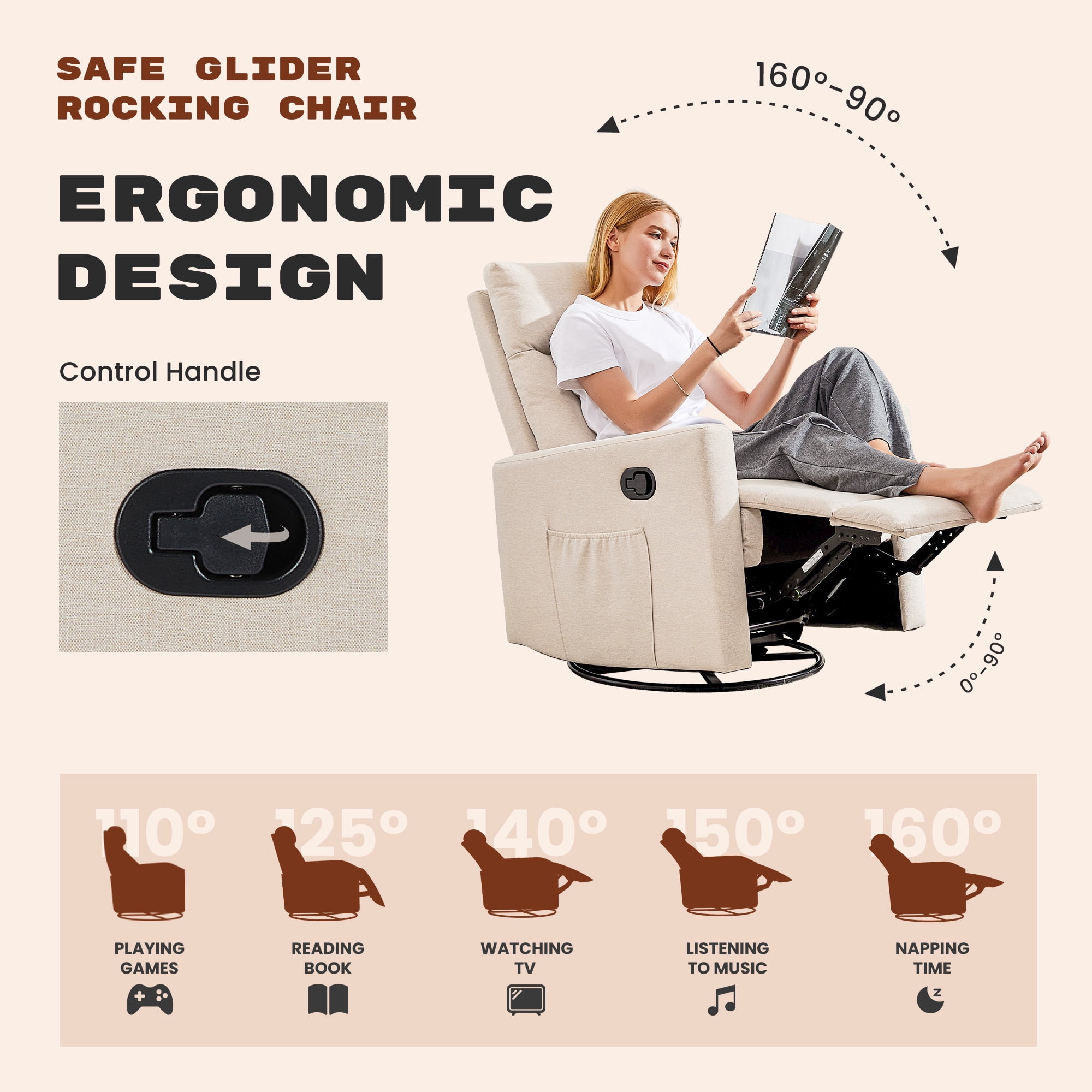 Recliner Chair, Swivel Rocking Glider, Nursery Recliner with Extra Large Footrest, High Back Upholstered Deep Seat for Living Room, Beige