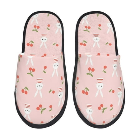 Balery Rabbit And Cherry Slient Indoor Furry Fleece Comfort House Shoes Soft Non-Slip Home Shoes Cotton slippers House Slippers-- Large