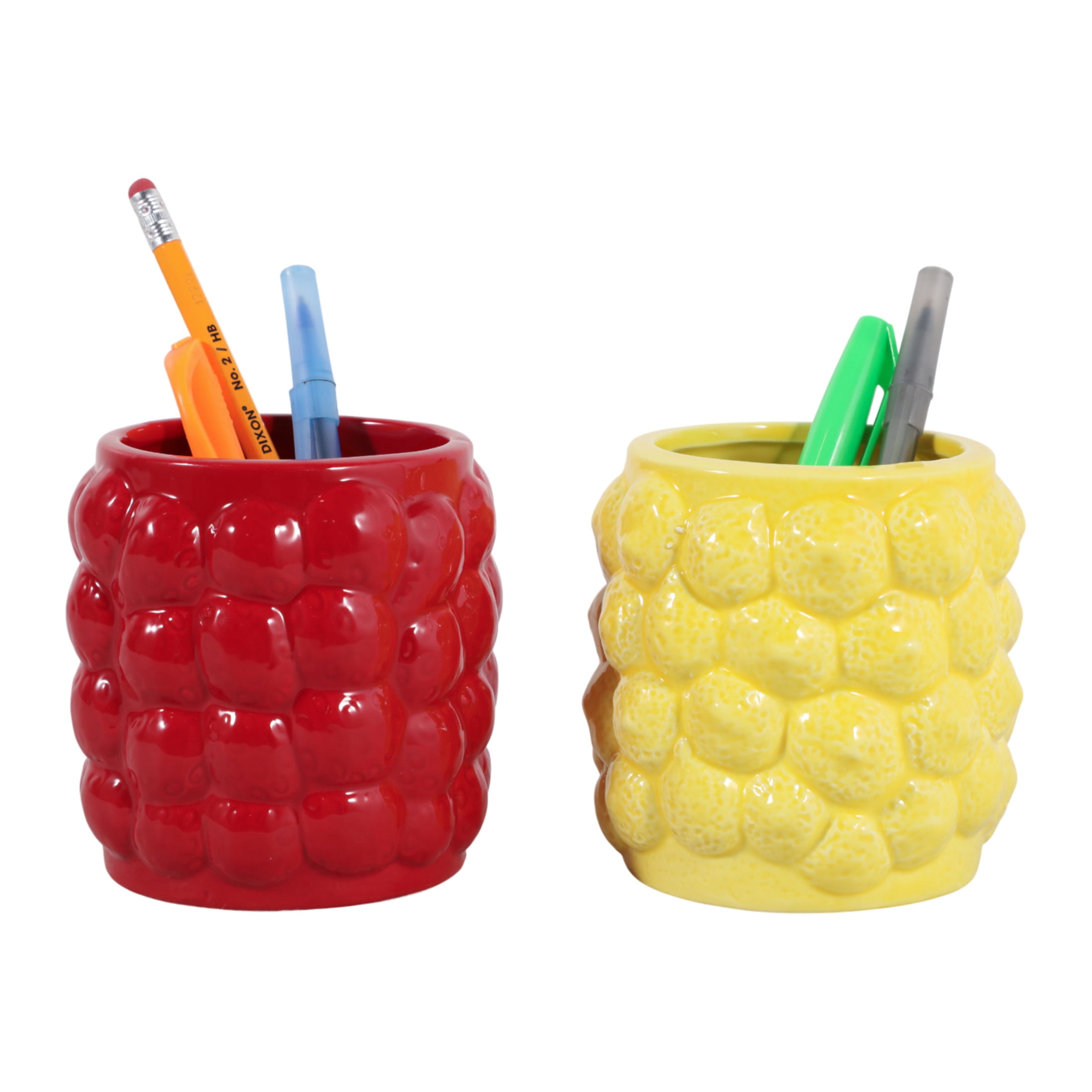 Modern Ceramic Pencil Cup for Desk and Desktop Organization - Small Ceramic Desk Storage Organizer for Office Workspace - Decorative Accessory for Home Decor Display - Set of 2, 4", Red & Yellow