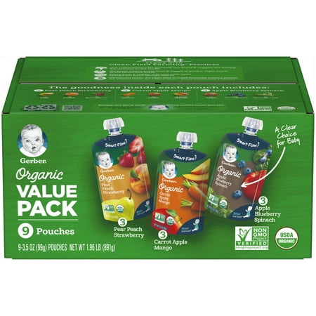 Gerber Organic 2nd Food Pouches Pear Peach Strawberry, Carrot Apple Mango & Apple Blueberry Spinach Fruit & Veggie Pouches Value Pack 9-3.5 oz.