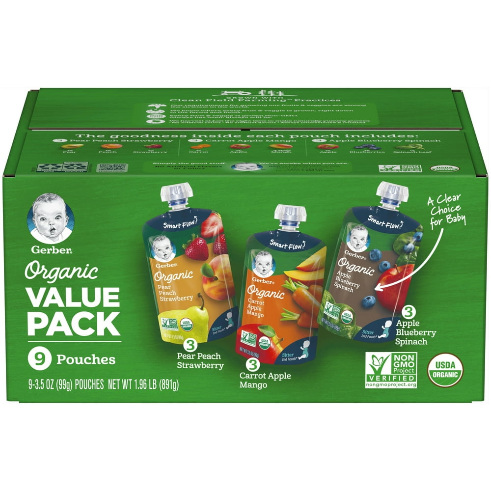 (9 Pack) Gerber Organic Stage 2, Flavor varies Baby Food, 1 Pouch (99g