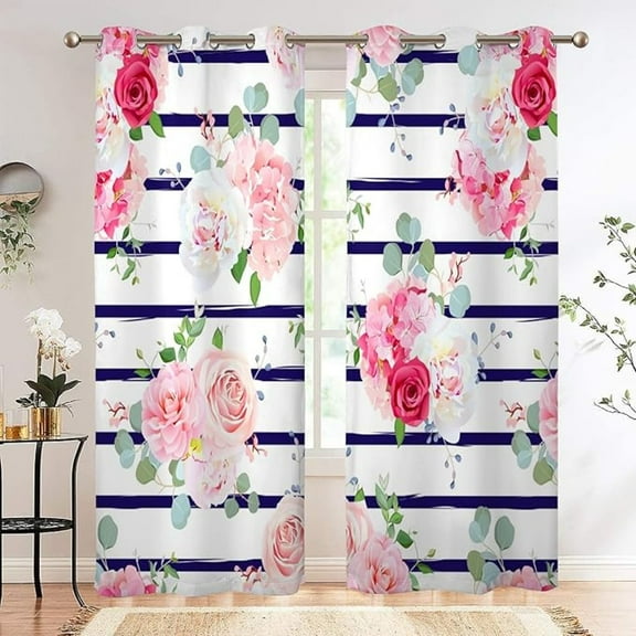 Flowers Blossom Window Curtains, Pink White Peony Rose Flowers With Navy Blue White Stripes Blackout Window Drapes Of 2 Panels For Bedroom Living Room Kitchen 42"W x 96"L (Pack of 2)
