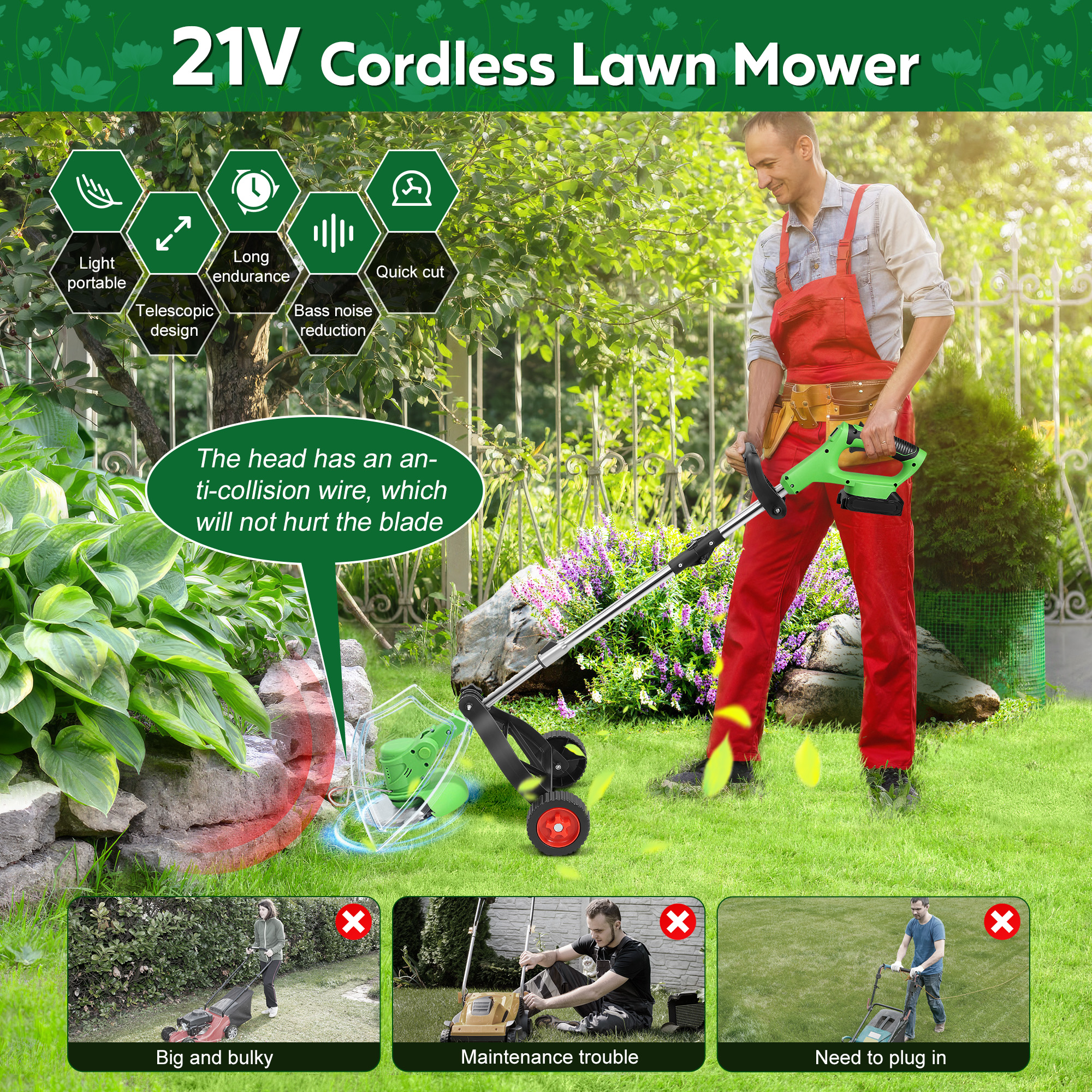 RELOIVE Weed Eater,Cordless Weed Trimmer,Electric Weed Wacker, with 2PCS 3000mAh Batteries and Charger, 5-in-1 String Trimmer with Wheels, 43.3''-53.1'' Adjustable for Garden Yard
