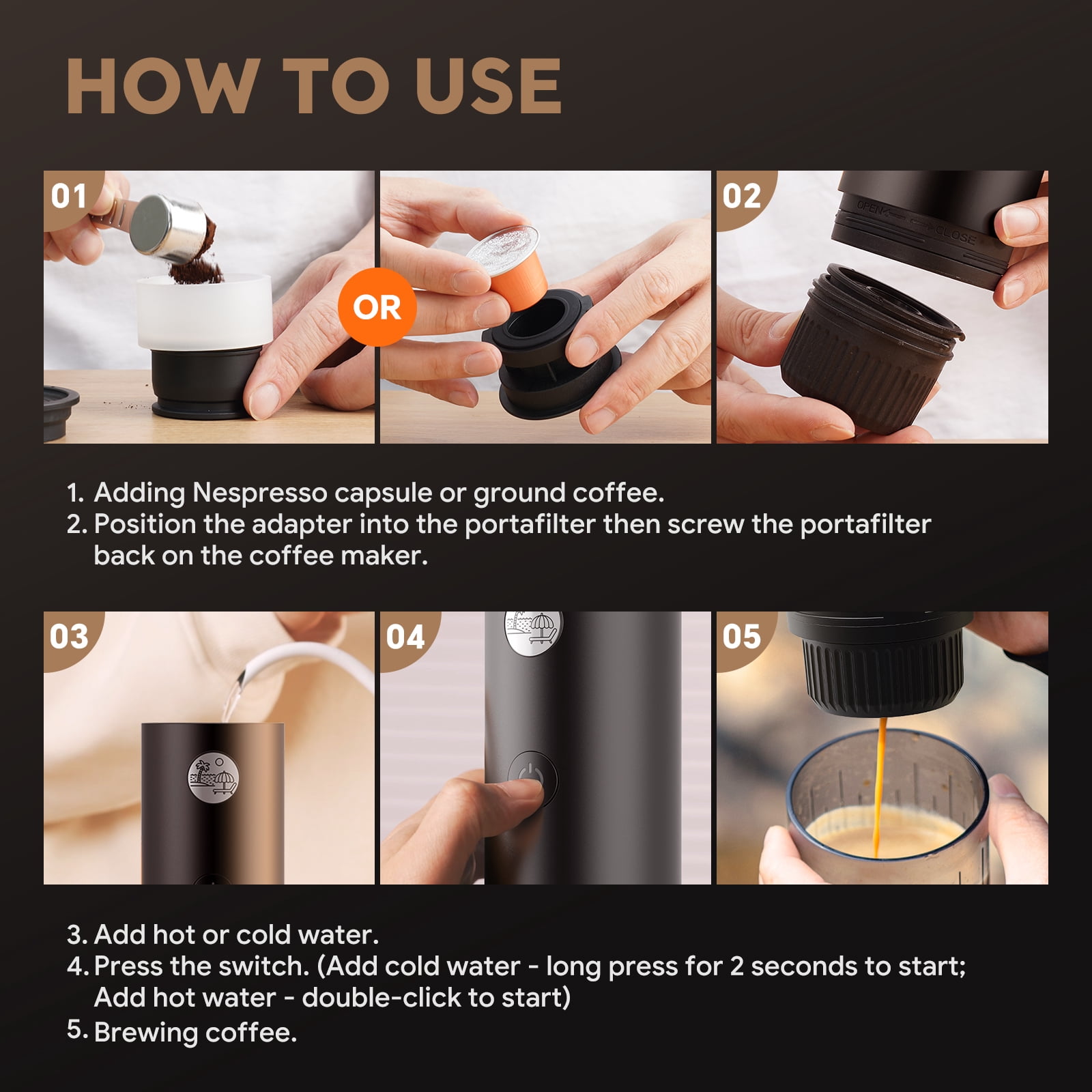 3-in-1 Portable Espresso Machine, Travel Coffee Maker with Self-Heating USB-C, 19Bar Mini Espresso for Camping Hiking Office