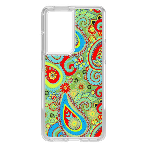 DistinctInk Clear Shockproof Hybrid Case for Galaxy S21 ULTRA 5G (6.8" Screen) - TPU Bumper, Acrylic Back, Tempered Glass Screen Protector - Green Red Blue Paisley