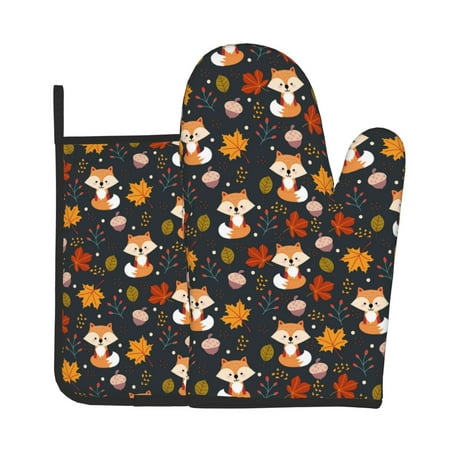 

Xecao Autumn Fox Pattern Oven Mitts and Pot Holders Sets Heat Resistant Silicone Oven Mittens Extra Thicken Long Kitchen Cotton Oven Glove for Cooking