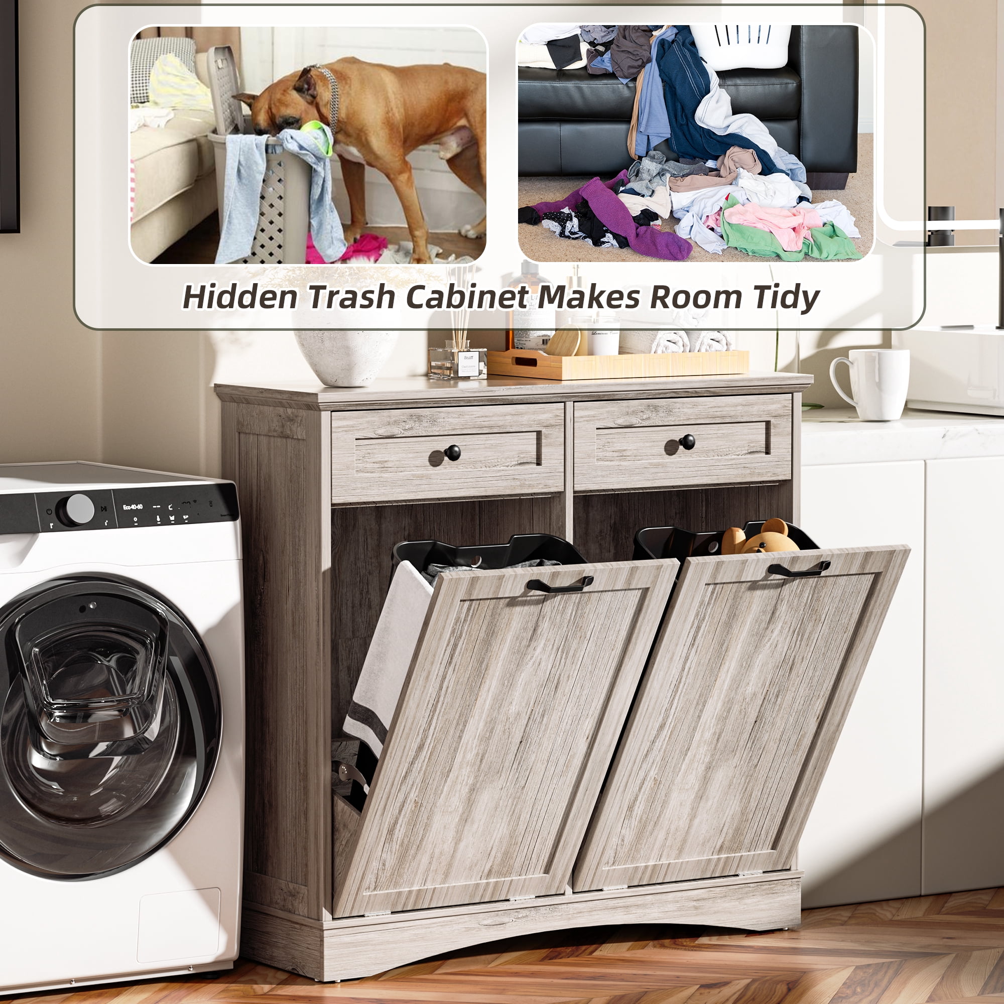 HARIPUL Double Tilt Out Trash Cabinet, 26 Gallon Trash Can Cabinet with Drawers & Handles for Kitchen, Gray