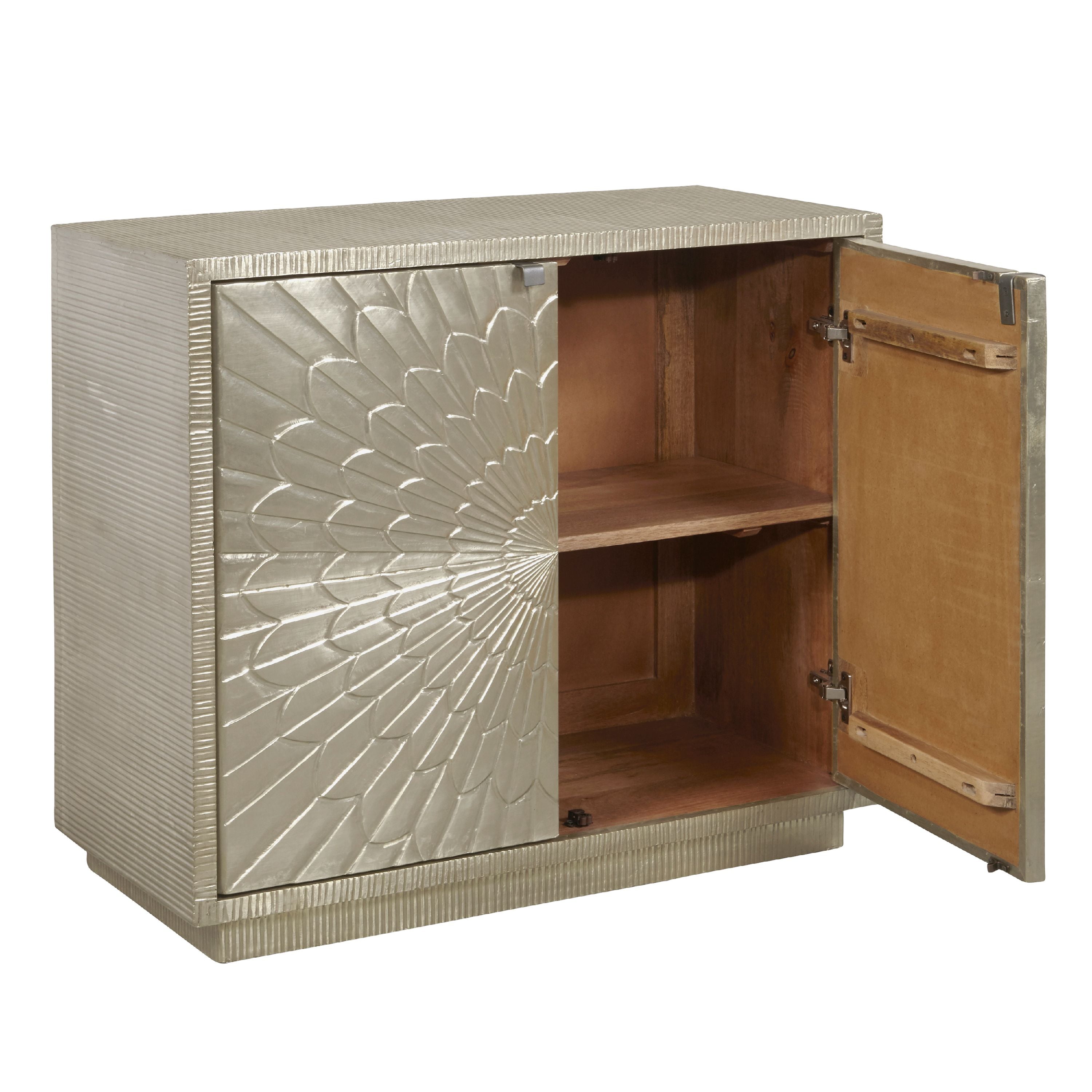 Home Fare Camellia Floral Carved 2 Door Chest in Moonlight Silver