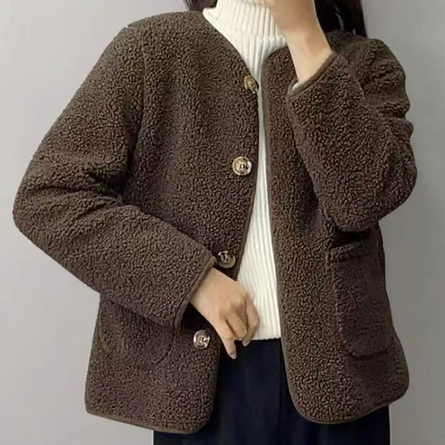 LOVZFMLL Vestes pour Femmes Mode Col Rond Lambhair Veste Ample