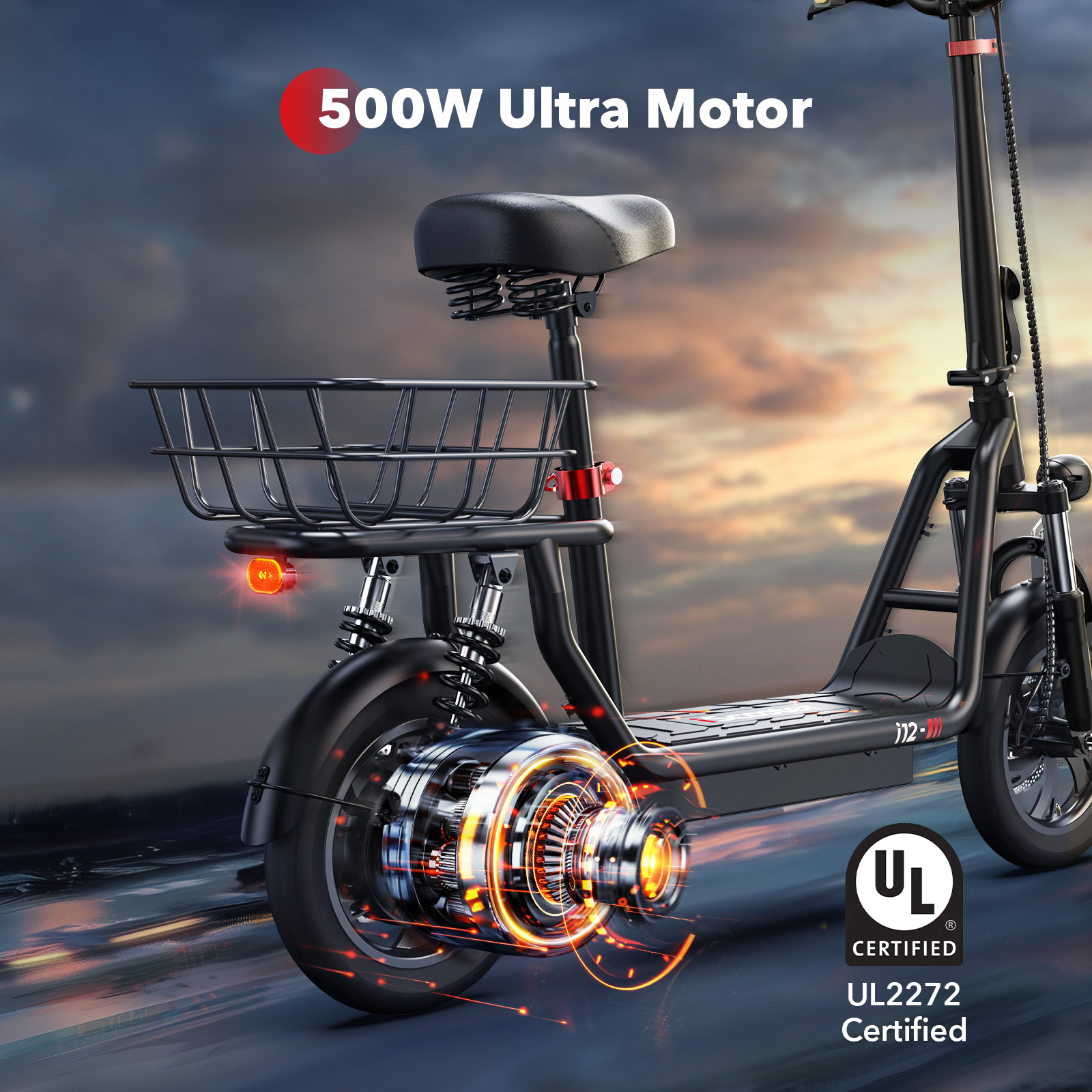 iScooter 500W Electric Scooter with Seat for Adult, up to 21 Miles 15.5 MPH 12" Commuter Electric Scooter with Basket and Dual Shock Absorbers