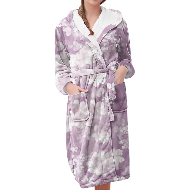 Jindong Robes en Peluche pour Femmes Robe en Polaire Longue Chaude Peignoir de Bain Veste de Détente Imprimée Robe de Confort Robes pour Femmes