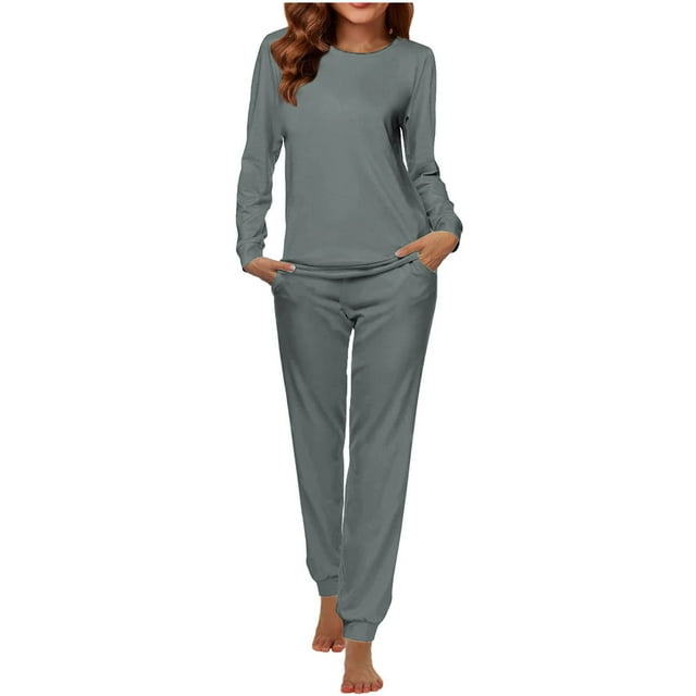 AherBiu Pajamas Sets for Women Spring Fall Sleepwear Pjs Comfy Tops Pants Solid Color Loungewear