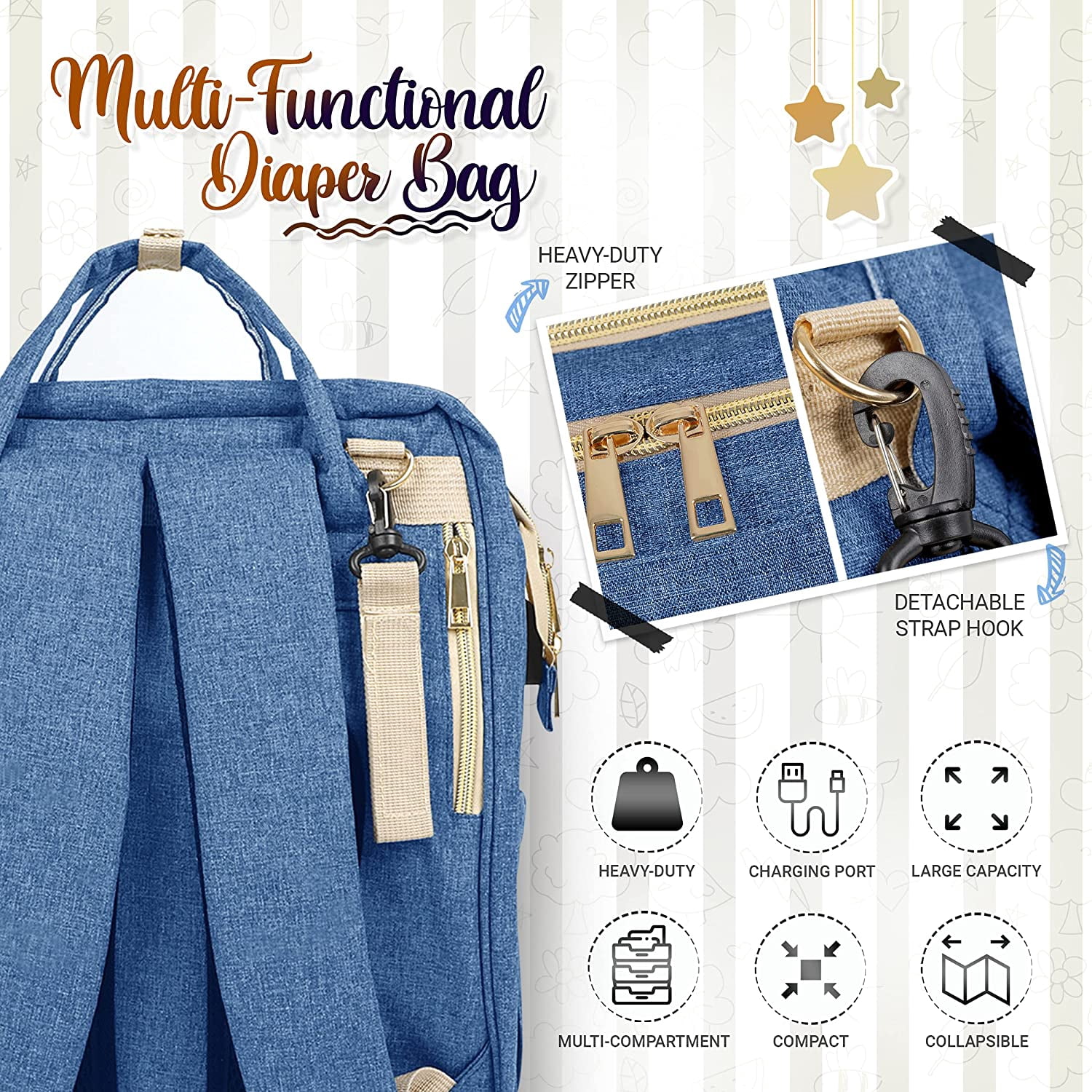 Baby Diaper Bag with Changing Station – Diaper Bag Backpack and USB Port, Insulated Bottle Bag, Mosquito Net, Sunshade – Comfortable and Stylish with Practical Stroller Hooks (Blue)