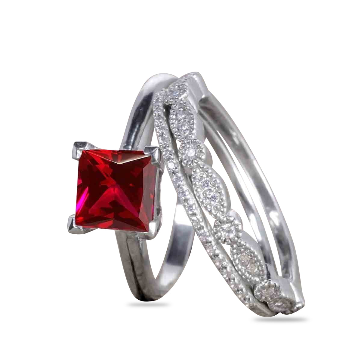 JeenMata - 1.5 Carat Princess Cut Burmese Ruby Wedding Trio Ring Set in