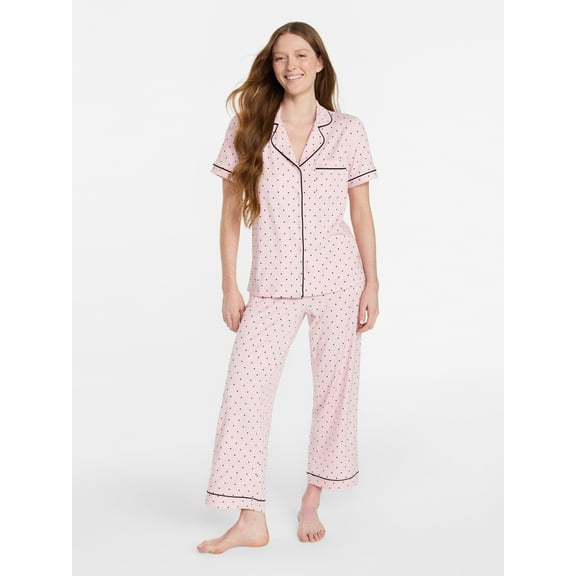 Joyspun Women's Dreamy Soft Collection Notch Knit Top and Capri Pants Pajama Set, 2-Piece, Sizes XS-3X