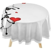 SKYSONIC White Sheep Love Round Tablecloth 60inch Indoor Wrinkle Free, Valentine's Day Circular Lace Table Cover Washable for Kitchen Dining Decor