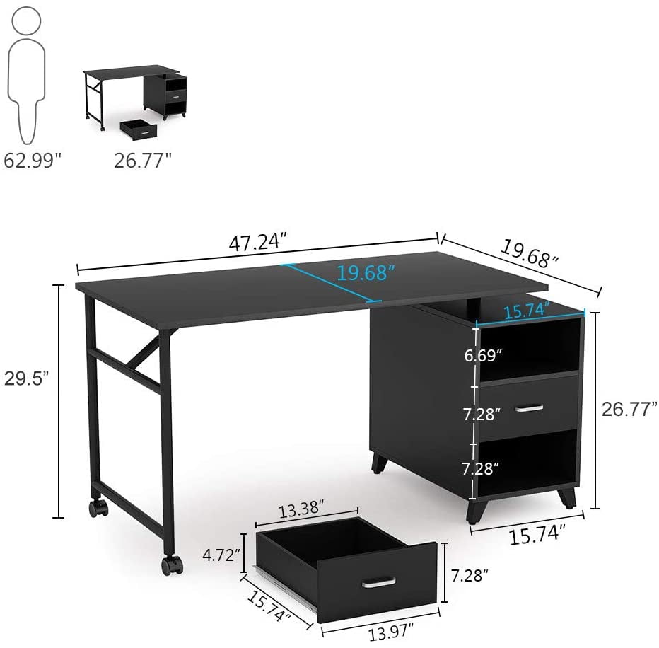 Tribesigns Reversible Computer Desk with Storage Drawers 360/° Free Rotating Home Office Desk 47 inch Modern Study Writing Table Computer Workstation with Cabinet