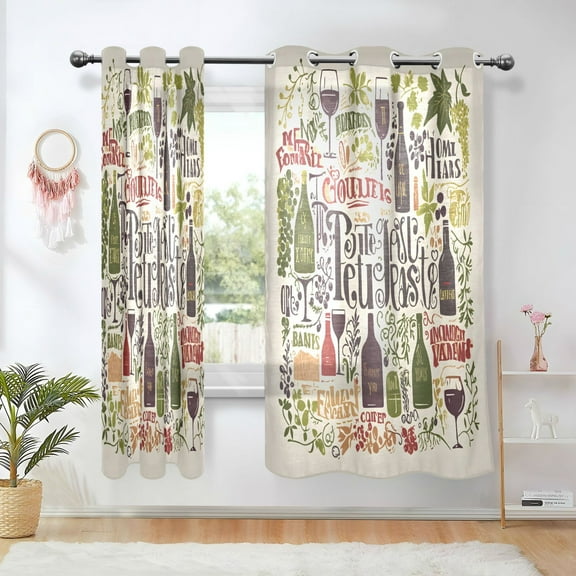 Yayeee Window Curtains Set of 2 for Living Room Light Filtering 63"x42", Word Wine Bottle