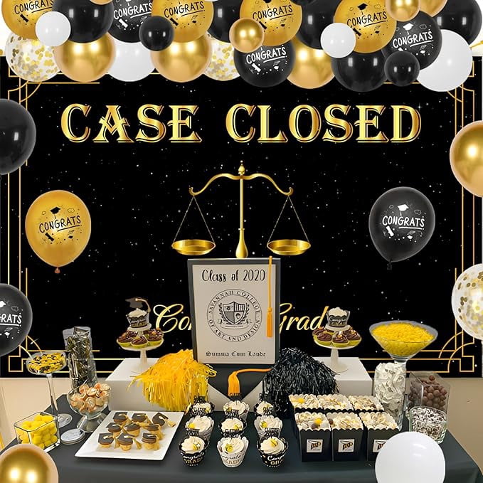 Case Closed Party Decorations, Class of 2026 Law School Graduation Party Decor, Congrats Lawyer Gard Backdrop, Black Gold Balloon Garland Arch Kit for Future Lawyer Graduation Party Supplies