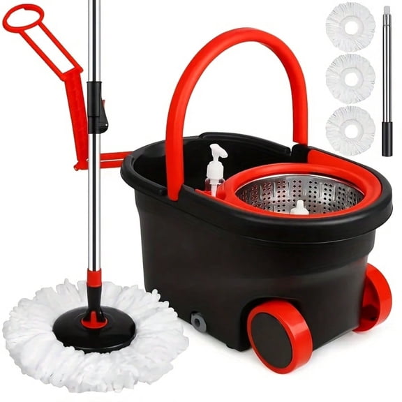 Spin Mop And Bucket With Wringer Set, 360° Mop And Bucket System With 3 Microfiber Mop Refills And 61" Extended Handle For Floor Cleaning Hands-Free Washable Mop