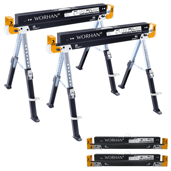 WORHAN Sawhorse Twinpack 2600 lbs Jobsite Table Folding Quickly Adjustable Legs Support Arms Sawing Non Slip Trestle Sawmule Steel Workbench S600A