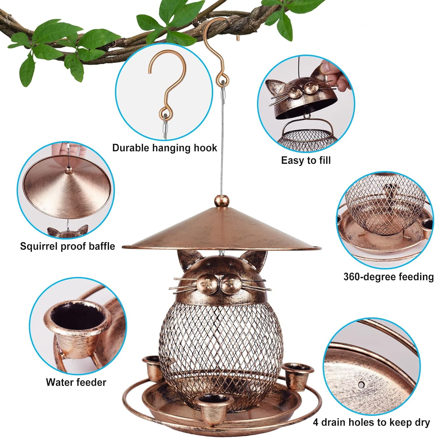 IWNTWY Metal Hanging Bird Feeder, Cat Shaped Wild Birdfeeder for Outside Garden Yard