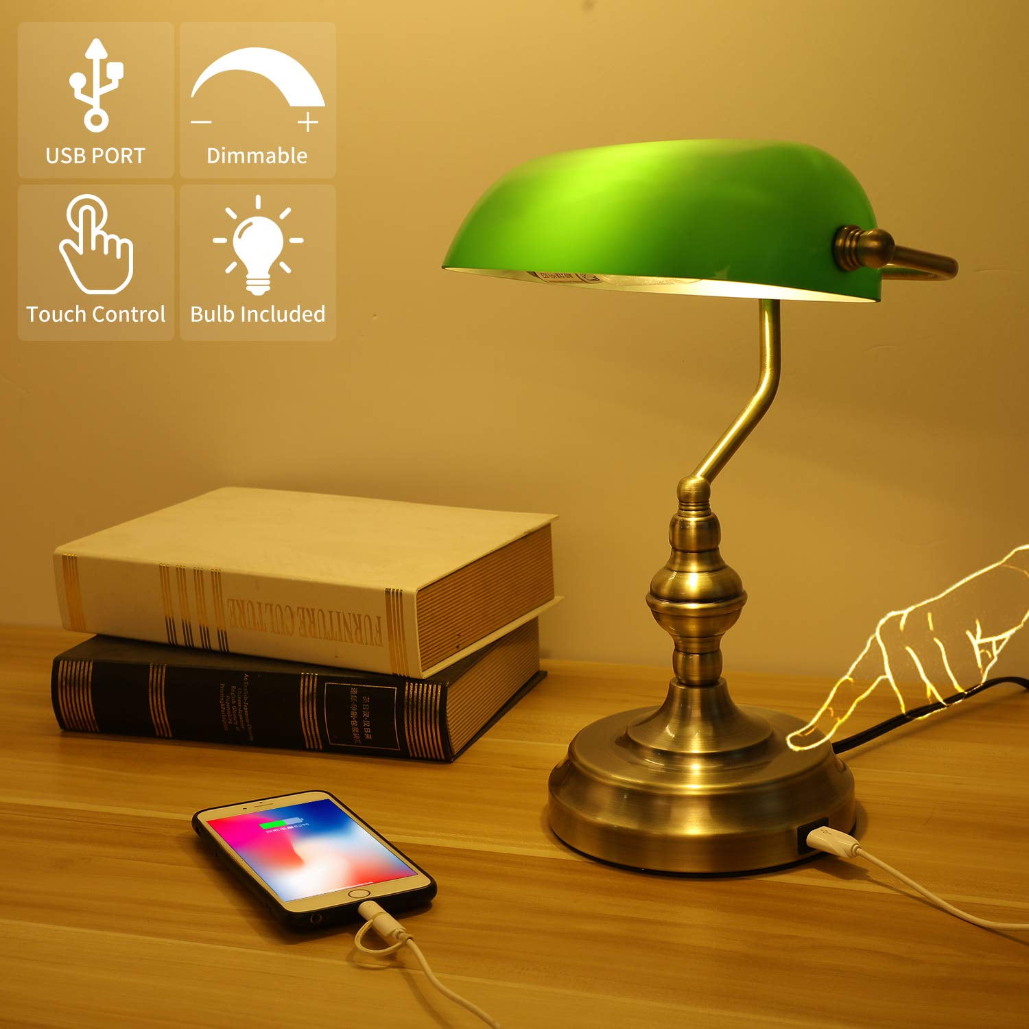 Green Glass Desk Banker's Lamp Touch Control, 3 Way Dimmable Nightstand