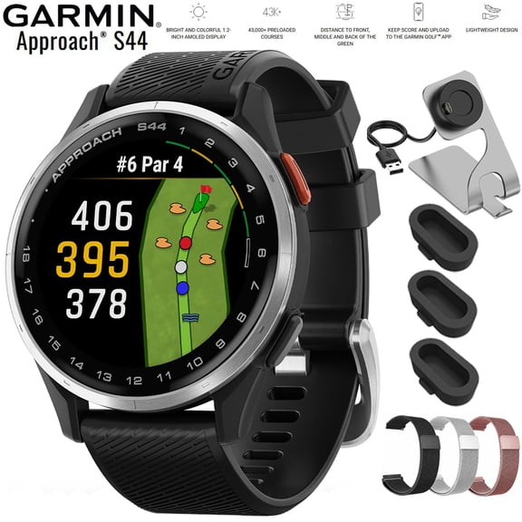 Garmin Approach S44 GPS Golf Smartwatch Silver Aluminum Bezel with Black Silicone Band 010-03009-00 Bundle with Deco Essentials 20mm Milanese Band 3 Pack, Charging Dock and Silicone Dust Cover 3 Pack