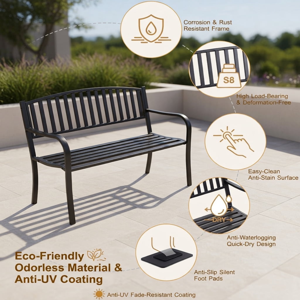 Hommoo 50" Outdoor Steel Garden Bench Loveseat, Modern Patio Bench for Backyard, Deck, Porch & Pool Area, Black