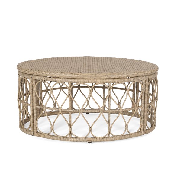 Historyli Go5H Patio Coffee Table, Wicker Rattan Round Side Table, Accent Coffee Table With Wicker Weave Top And Looped Design For Garden