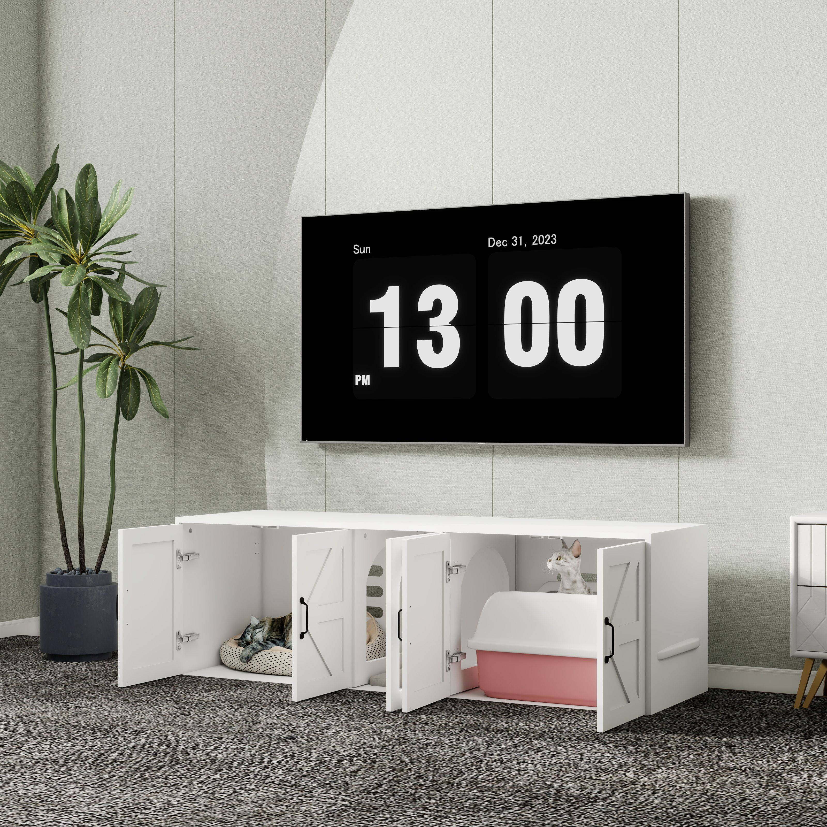 resenkos 59" Double Cat Litter Box Enclosure, Litter Box Furniture Hidden with Double Room, Indoor Cat House with Cat Door, White