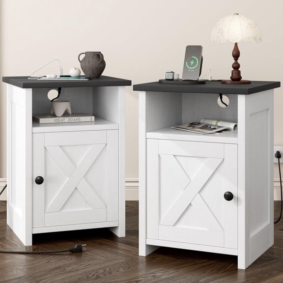 White Farmhouse Nightstand Set of 2 with Charging Station, Barn Door