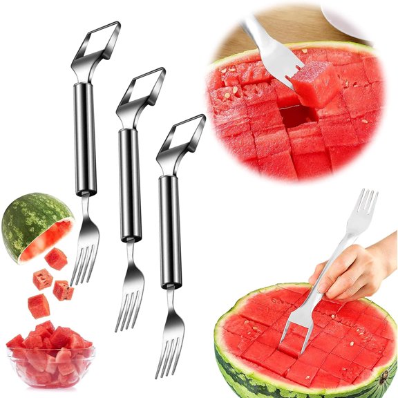 Uiz Merueh 2-in-1 Stainless Steel Fruit Cutter,3 Pack Watermelon Fork Slicer Cutter Slicer Tool, Dual Head Fruit Forks Slicer Knife,Summer Watermelon Fruit Cutting Home Kitchen Gadgets