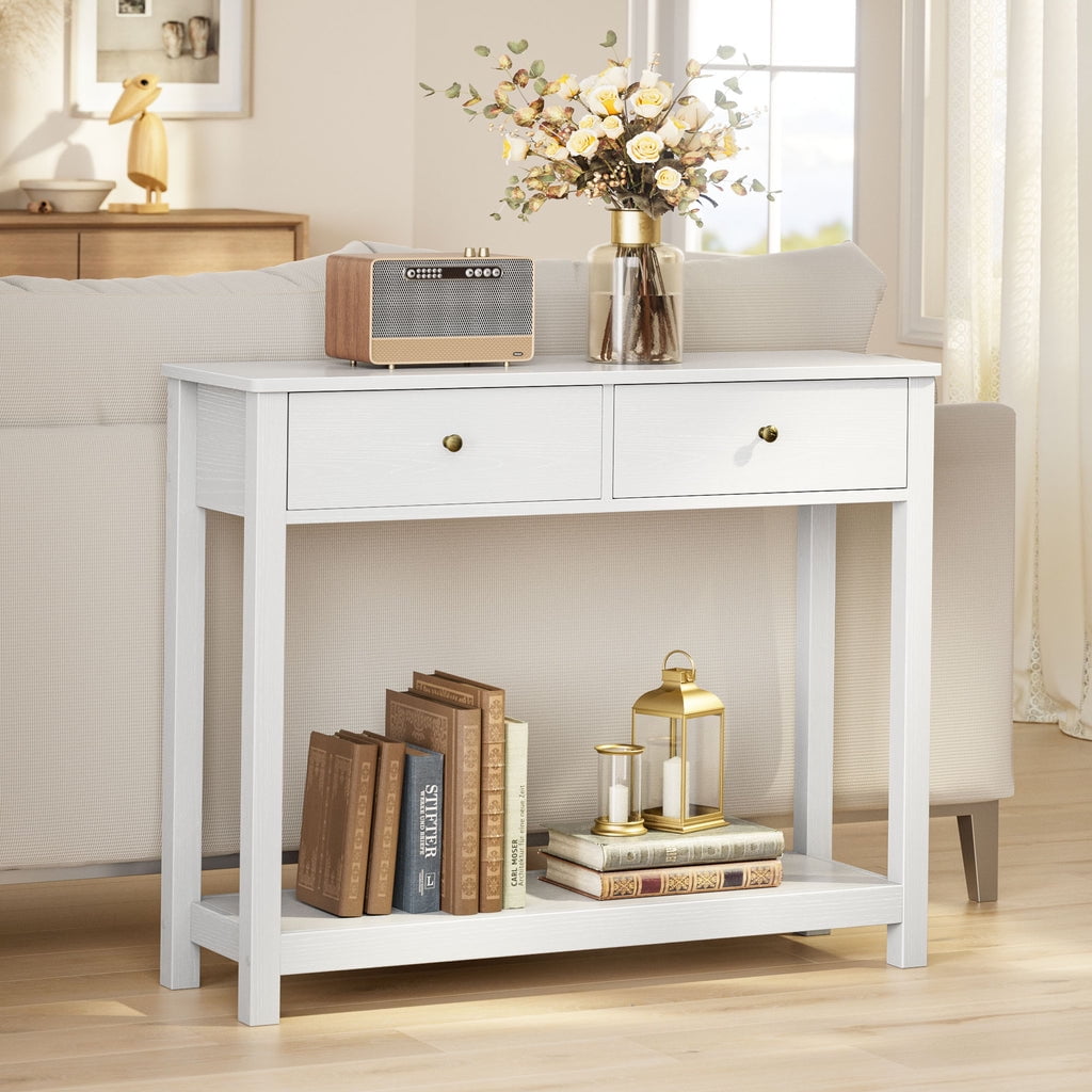 Aiho Console Table 39" with Drawers, Wood Entryway Table Hallway Table with Open Storage, Sofa Table for Living Room, Foyer and Corridor - White