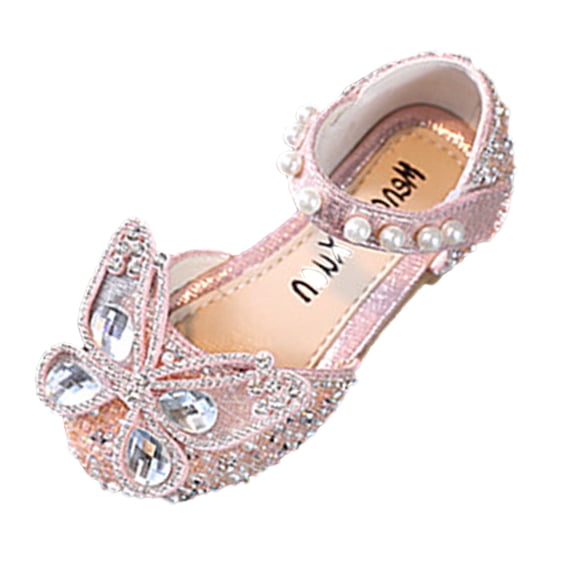 LNMQLPDBS Baby Girl Shoes Summer Girls Sandals Dress Performance Dance Shoes with Butterfly Decoration Size 7 Toddler Shoes Girls Sequin Pearl Hook Loop Flat Princess Shoes Pink 3.5-4 Years