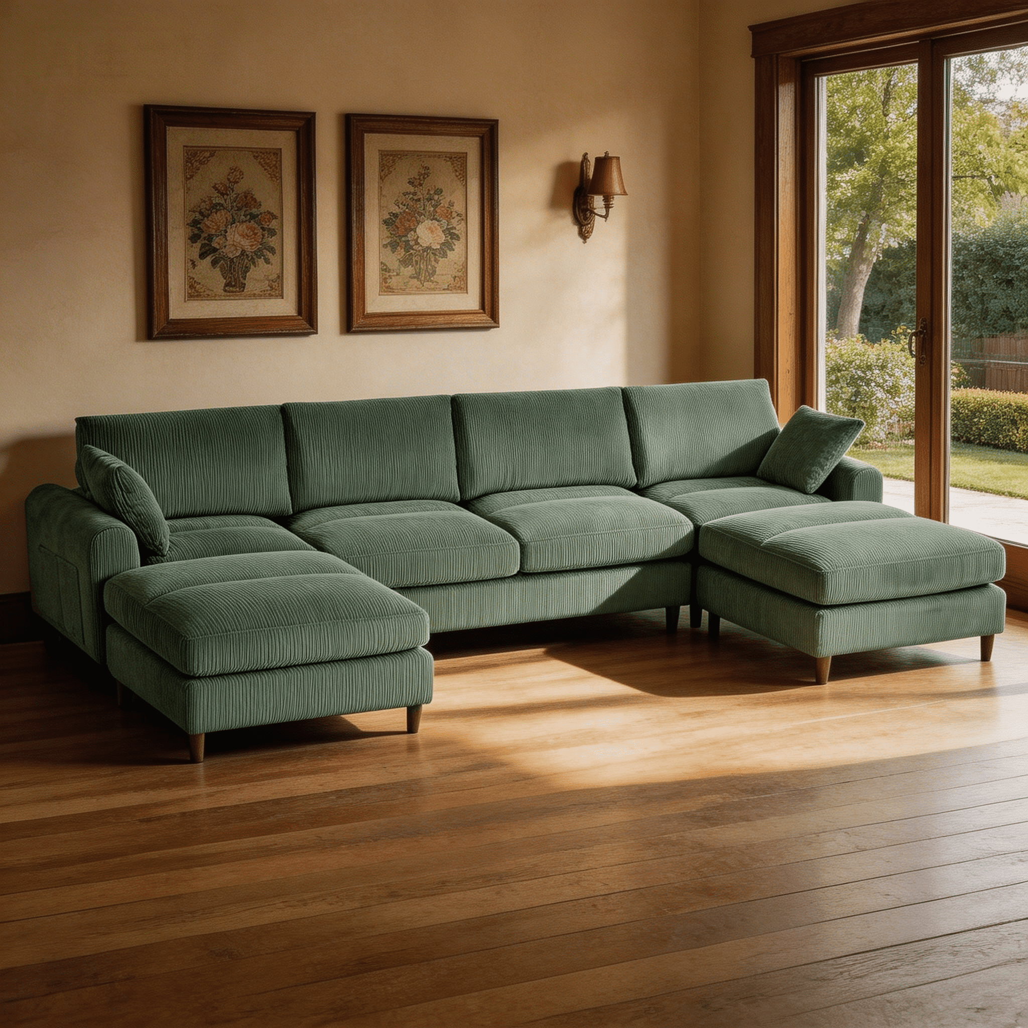 BSHTI Modern 6-Seat Corduroy Modular Sectional, U-Shape Convertible Couch with Ottoman, with Adjustable Head Pillows and Storage Pockets, Olive Green