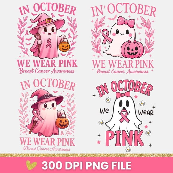 In October We Wear Pink Png, Breast Cancer Awareness Png, Halloween Pink Ghost Png, Retro Breast Cancer Png, Halloween Shirt Png,Sublimation