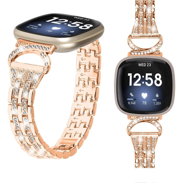 REQO Metal Bands Compatible with Fitbit Sense 2/Sense/Versa 4/Versa 3 Bands, Adjustable Classic Stainless Steel Bands Diamond Rhinestone Links Bracelet Band for Man&Women