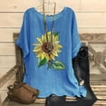 thumbnail image 2 of Feancey Womens Casual Tops Short Sleeve Linen Blouse Summer Boho Floral Print T Shirts Side Slit Loose Crewneck Tee Vintage Beach Vacation Tshirt Spring Sale 2025 Blue XL, 2 of 5