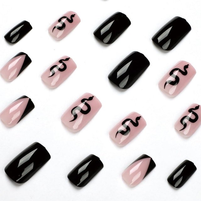 Prensa cuadrada negra en uñas, prensa negra corta de serpiente en uñas, prensa de gelatina en uñas para mujeres y niñas, 24 piezas