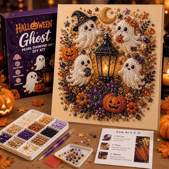 Halloween Ghost Diamond Painting Kit, Pearl Diamond Art DIY Craft Kit with Crystal Beads, Cute Ghost Wall Art Decor for Adults Party Gift