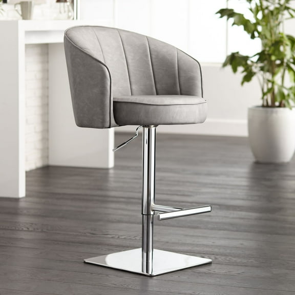 Studio 55D Chrome Swivel Bar Stool 31" High Modern Gray Faux Leather Tufted Cushion with Backrest Footrest Kitchen Counter Island