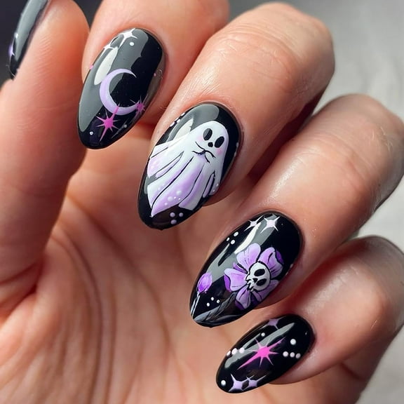 Halloween Press on Nails Short Almond Fake Nails with Glue Full Cover Ghost Flowers French Lines False Nails Stick on Nails for Women and Girls 24 Pcs Short Halloween Nails Press on Nails