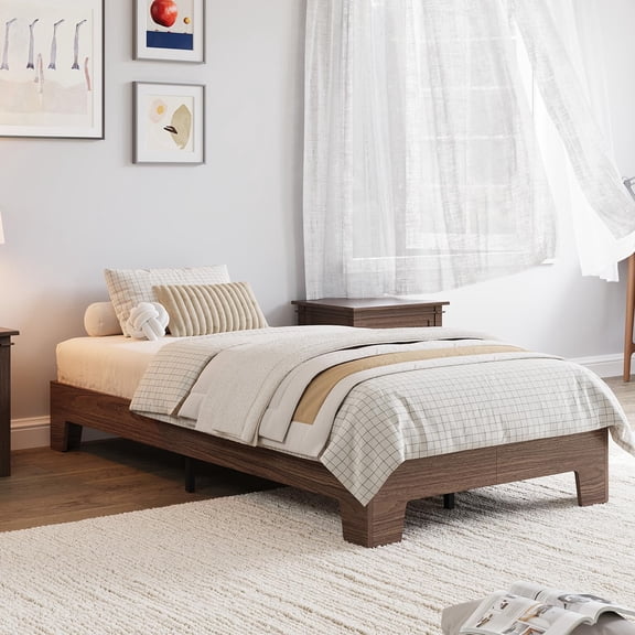Wood Twin Size Bed Frame, Platform Nature Bed with Strong Wooden Slats,No Box Spring Needed,Minimalist Bedroom Furniture,Contemporary Wooden Bed Frame,Easy Assembly
